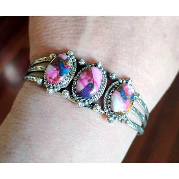 Southwest Pink Purple Dahlia Copper Turquoise Sterling Silver Cuff Bracelet - Picture 1 of 8